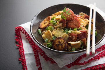 Chaufa amazonico fried rice with chorizo and  smoked pork cecina peru peruvian food
