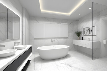 Fototapeta na wymiar modern wite bathroom with white marble anf bthtub. 3d rendering