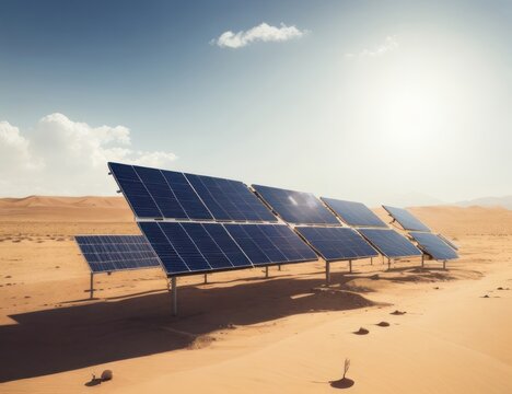 Illustration Solar panel cells installed in the desert.generative AI