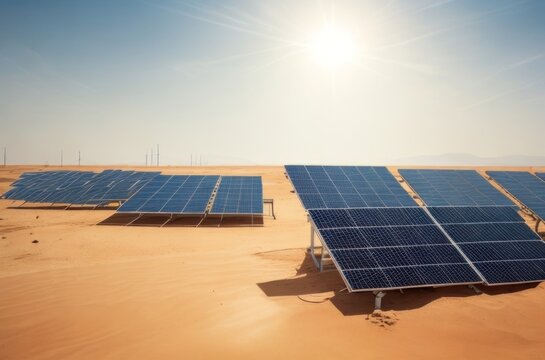 Illustration Solar panel cells installed in the desert.generative AI