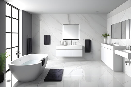 modern wite bathroom with white marble anf bthtub
