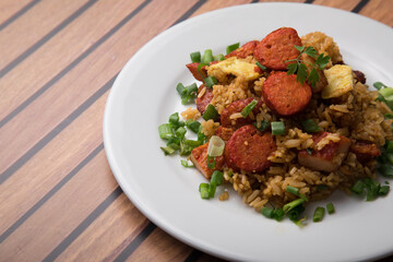 Chaufa amazonico fried rice with chorizo and  smoked pork cecina peru peruvian food