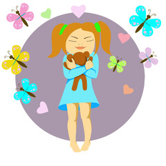 Child with a toy. A little girl hugs a teddy bear.
