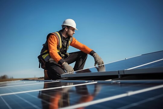 A skilled handyman is in the process of installing solar panels on the rooftop.
