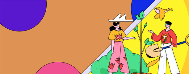 Vector concept operation hand-drawn illustration of flat characters planting trees in spring Arbor Day
