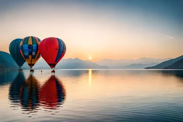 Fotobehang hot air balloon over lake © Uzair