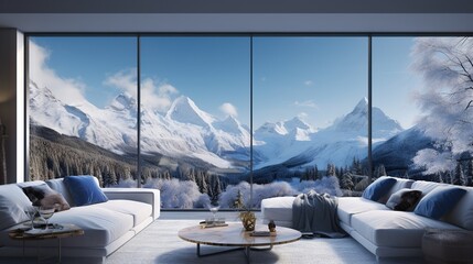  a living room filled with furniture and a large window covered in snow covered mountains.  generative ai