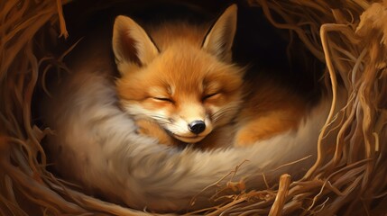 Obraz premium a painting of a fox sleeping in a nest with its eyes closed. generative ai
