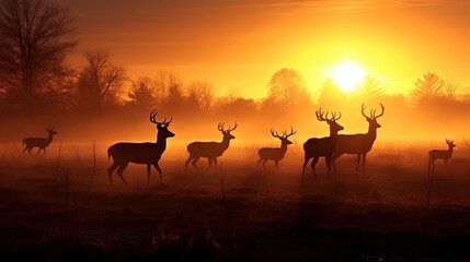Fototapeta na wymiar a herd of deer standing on top of a grass covered field. generative ai
