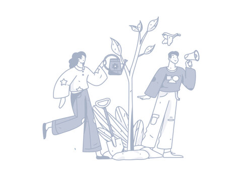 Vector concept operation hand-drawn illustration of flat characters planting trees in spring Arbor Day
