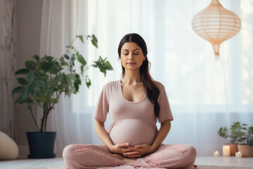Pregnant woman doing yoga at home.