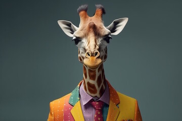 Giraffe in Stylish Colorful Business Suit, Playful and Colorful Concept in a Simple Plain Background, Concept for Creative Marketing and Branding. Generative AI