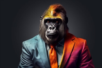 gorilla in Stylish Colorful Business Suit, Playful and Colorful Concept in a Simple Plain Background, Concept for Creative Marketing and Branding. Generative AI