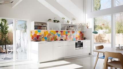  a white kitchen with a colorful tile backsplash on the wall.  generative ai