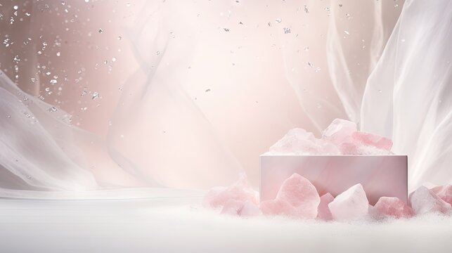 a white box with pink crystals on a white surface with a pink background.  generative ai