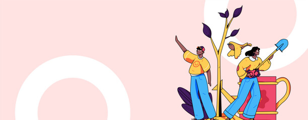 Obraz premium Vector concept operation hand-drawn illustration of flat characters planting trees in spring Arbor Day 