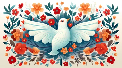 Fotobehang hand drawn cartoon illustration of dove of peace among flowers  © 俊后生