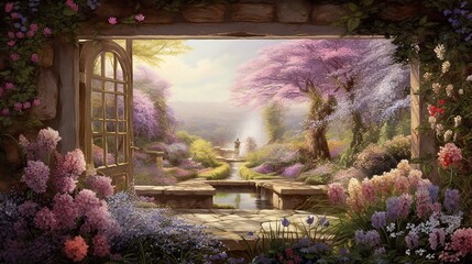  a painting of a garden with flowers and a window with a view.  generative ai