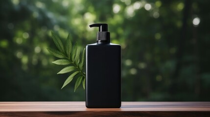 Close-up hand sanitizer bottle for mockup on wooden table with leaf ornament and blur background - obrazy, fototapety, plakaty