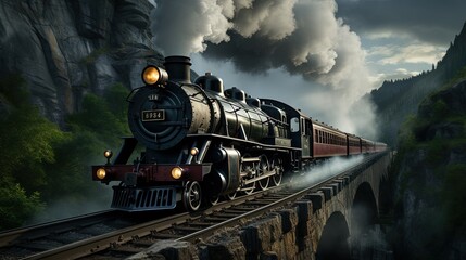 Fototapeta premium a train traveling over a bridge in a mountainous area under a cloudy sky. generative ai