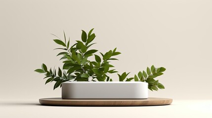 Close-up podium design for product display or product stand with leaf ornaments and minimalist background