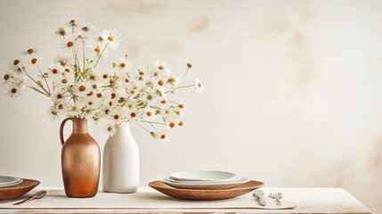  a table with a vase of daisies and plates on it.  generative ai