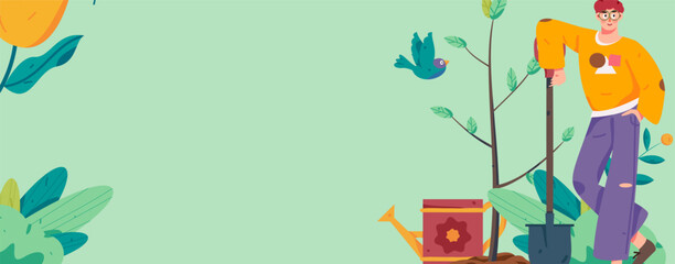 Vector concept operation hand-drawn illustration of flat characters planting trees in spring Arbor Day
