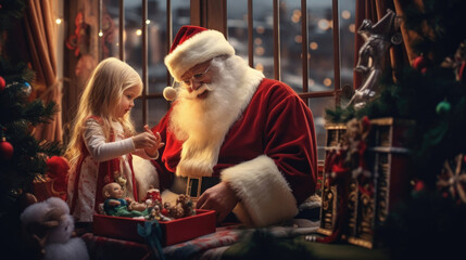 Santa claus in his office with a little girl