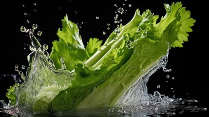 Close-up Fresh green celery exposed to water splash on black background and blur