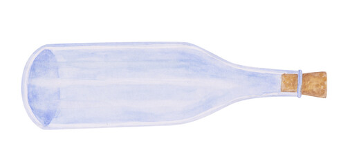 Empty glass bottle of wine with a bottle cap. Blue watercolor bottle illustration on a transparent background. Winery horizontal object. Transparent recycle clipart.