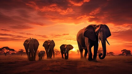 Fototapeta na wymiar a herd of elephants walking across a dirt field at sunset. generative ai