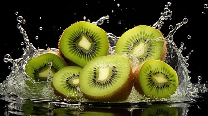 Close-up fresh green kiwis splashed with water on black and blurred background