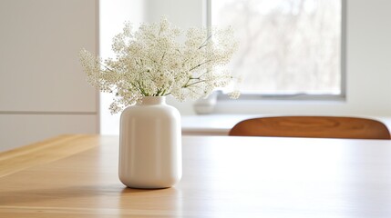 Fototapeta na wymiar a white vase filled with flowers on top of a wooden table. generative ai