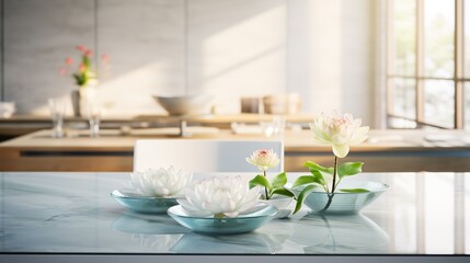 Fototapeta na wymiar a table topped with three bowls filled with water lilies. generative ai