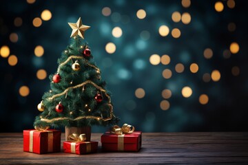 Fototapeta na wymiar Seasonal Christmas tree on the wood floor with blurry background and copy space. Created using generative AI