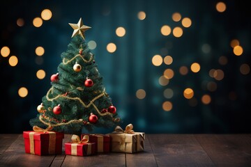 Fototapeta na wymiar Seasonal Christmas tree with presents on the wood floor, blurry background. Created using generative AI