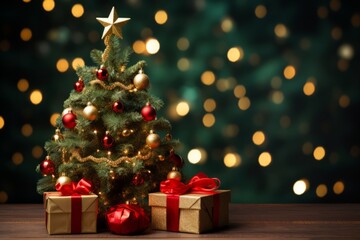 Seasonal Christmas tree on the wood floor with blurry background. Created using generative AI