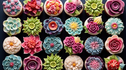  a bunch of cupcakes that have flowers on them.  generative ai