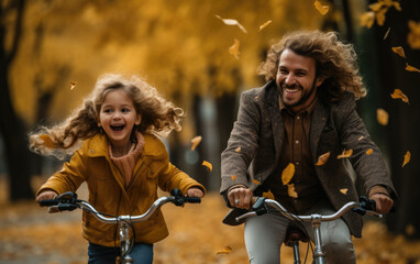 Fototapeta na wymiar Autumn Leaves and Bicycle: Happy Kid Moments in the Park.