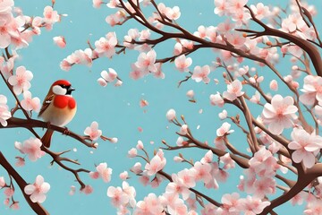 Blossom tree branch. Sweet sparrow fly. 3D illustration. Vector