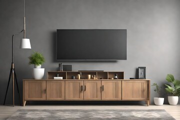 TV on the cabinet in modern living room on gray wall background. 3D illustration