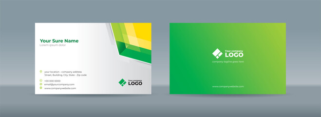 Set of double sided business card templates with glass prisms in green, and yellow colors on a white background