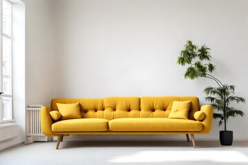 yellow sofa stands against a white wall. minimalism concept. renovation in the style of minimalism