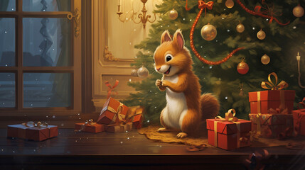 AI generated, Beautiful illustration of  cute adorable squirrels Celebrating Christmas. Beautiful design for postcards, napkins etc. Xmas celebration. Christmas tree with decoration.