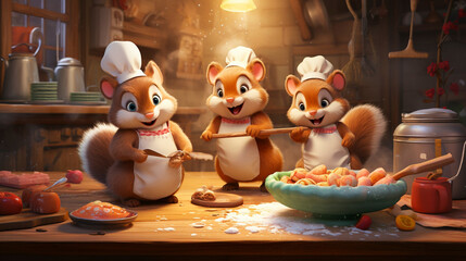 AI generated, Beautiful illustration of  cute adorable squirrels preparing food in the kitchen. Beautiful design for restaurant, postcards, napkins etc. Children’s postcard.