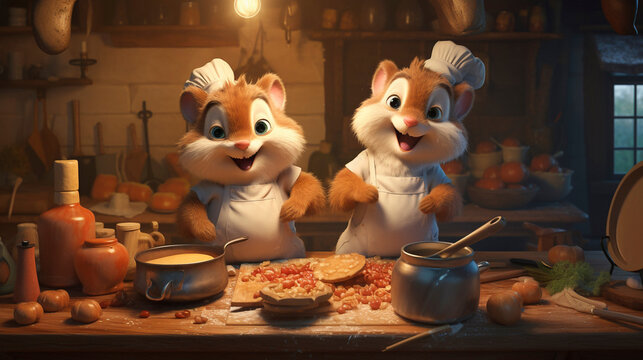 AI generated, Beautiful illustration of  cute adorable squirrels preparing food in the kitchen. Beautiful design for restaurant, postcards, napkins etc. Children&rsquo;s postcard.