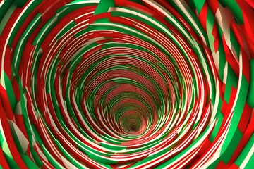 Fototapeta na wymiar Christmas festive red and green spiral tunnel. Striped twisted xmas optical illusion. Hypnotic background. 3D render illustration. December winter celebration wallpaper.