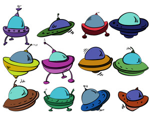 Set of spaceships of different shapes and colors, Various UFO vehicles for design and creativity
