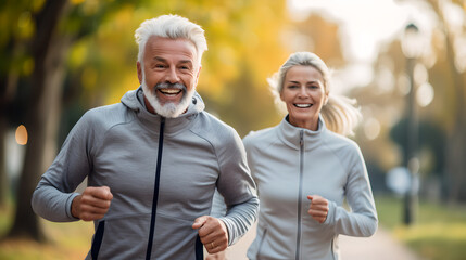 Active senior couple jogging outside in city park along alley with green trees. Happy joyful retirees wife and husband jogging outside in the park