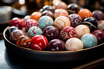 chocolate candies with golden and black chocolate balls.